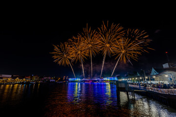 The blurred background of fireworks (light trails) is beautiful at night, seen in the New Year holidays, Christmas events, for tourists to take pictures during public travel.