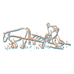 Closeup outline black ink pen hand drawn big horse manual cut job age wood device