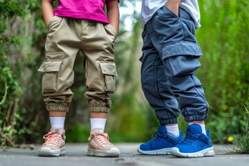 Children's cargo pants, sneakers, outdoor setting.