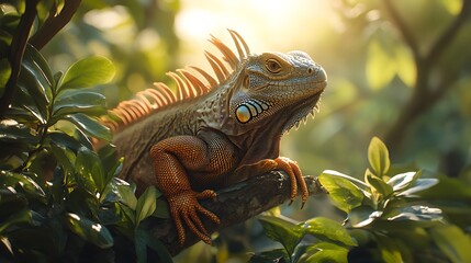 Fototapeta premium A realistic photo of a playful iguana lounging on a tree branch, surrounded by tropical greenery, with soft sunlight filtering through the leaves.