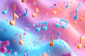 3D music notes floating in the air, pastel colors, cartoon style, simple background, colorful, cute shapes with bright colors, cartoon elements, soft lighting, high resolution image, closeup shot in t