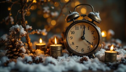 Vintage clock and candles cozy winter scene