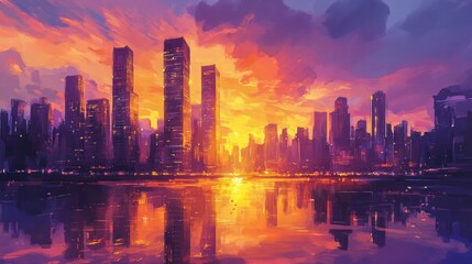 Fototapeta premium vibrant cityscape sunset