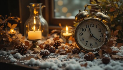 Cozy winter scene with clock indoor still life