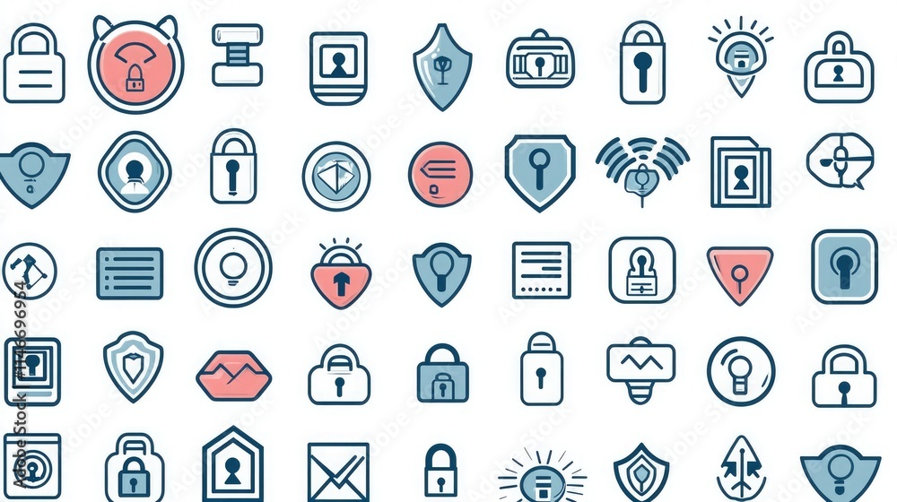 Poster Minimalist icons for cybersecurity in a vector pattern, organized in rows 