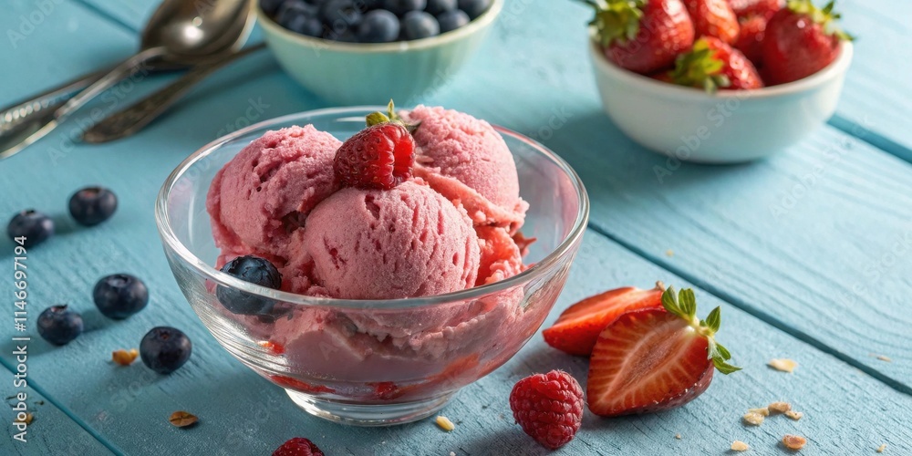 Poster a refreshing bowl of pink ice cream topped with a raspberry and a few blueberries, resting on a blue