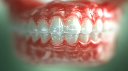 A close-up view of a stylized set of teeth, showcasing healthy gums and shiny enamel, highlighting dental health and aesthetics.