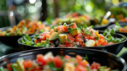 A vibrant assortment of fresh salads featuring tomatoes, avocados, and herbs in black bowls.