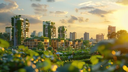 Obraz premium Modern eco-friendly buildings surrounded by greenery at sunset.