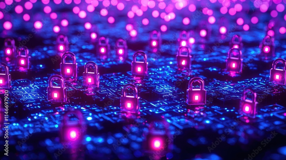Poster Glowing digital locks in a network grid pattern, giving a secure tech vibe 
