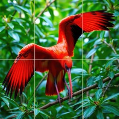 illustration of a stork in the forest, scarlet ibis in the forest, red billed hornbill ,scarlet ibis in the zoo, scarlet ibis bird