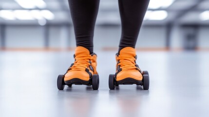 A person stands on roller skates with bright orange laces, showcasing a dynamic skating environment in a spacious indoor area.
