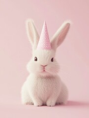 Obraz premium Happy Easter day, bunny with party hat on pastel pink background. 3d rendering 