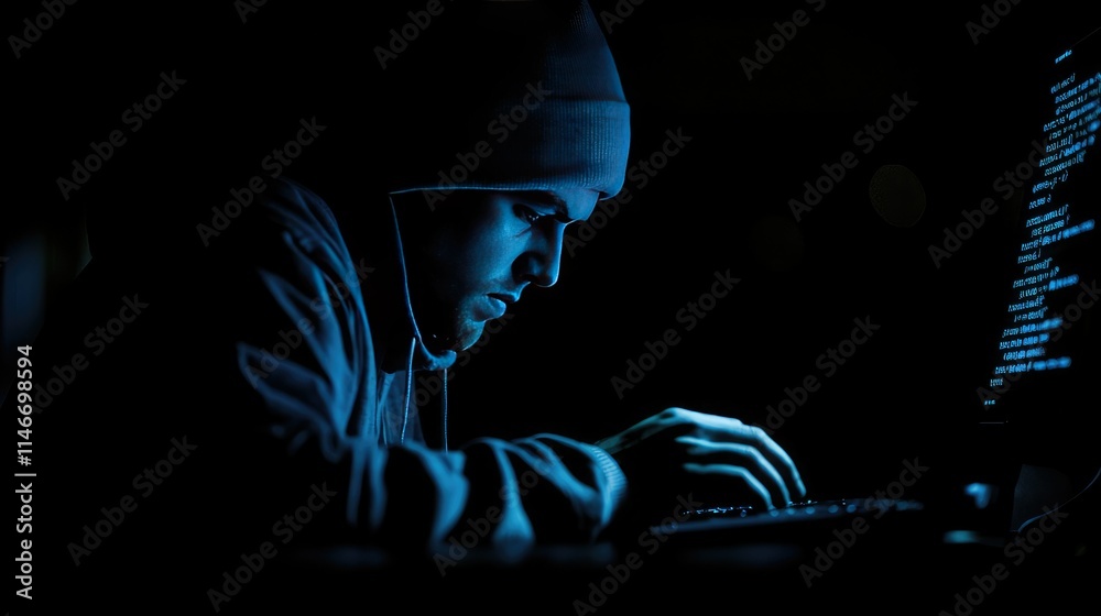 Poster Hacker in a dark room, working on a computer screen with code and data 