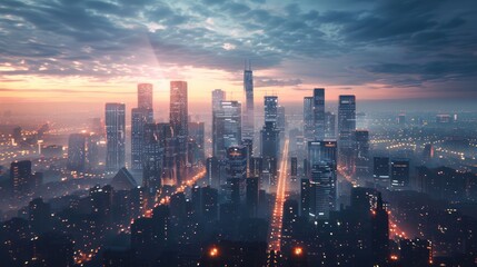 Fototapeta premium A stunning cityscape at dusk, showcasing skyscrapers and a vibrant skyline.