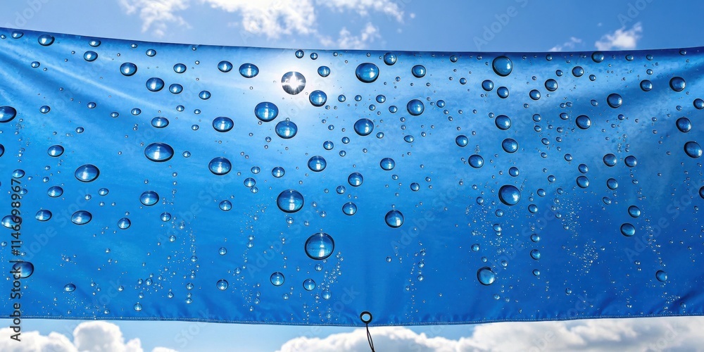 Poster a blue canvas fabric with a light breeze is covered in water droplets that show the reflection of a 
