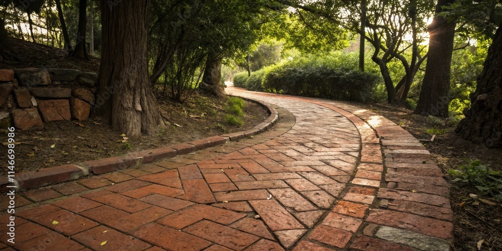 Aufkleber A brick path curves through the forest, sunlight filtering through the leaves and illuminating the path ahead