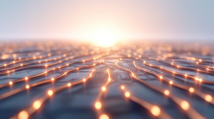 An abstract depiction of illuminated circuits flowing across a surface, evoking a sense of connectivity and technological advancement.