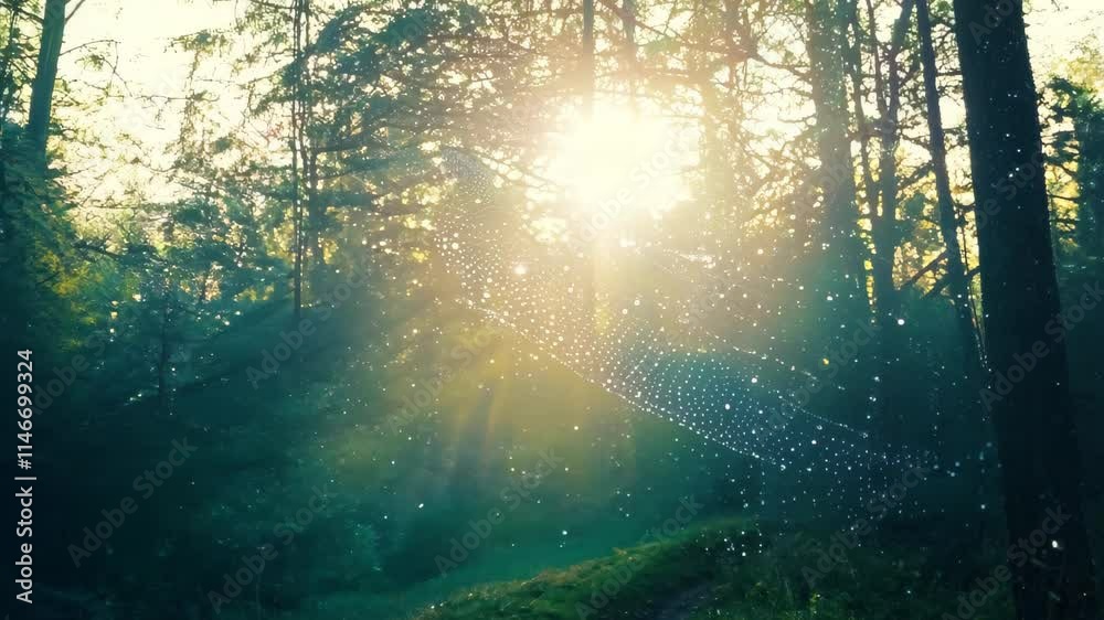 Poster Morning sunlight filters through trees illuminating a forest path with dew on a spider web
