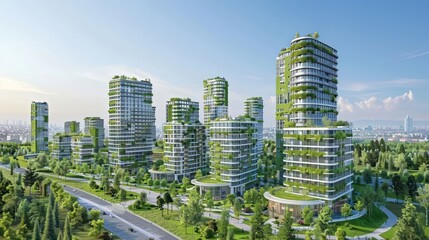 Modern eco-friendly cityscape featuring green architecture and lush vegetation.