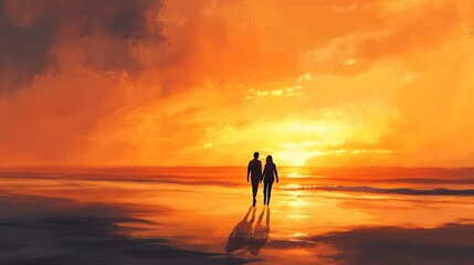 Couple walking hand-in-hand on beach at sunset.