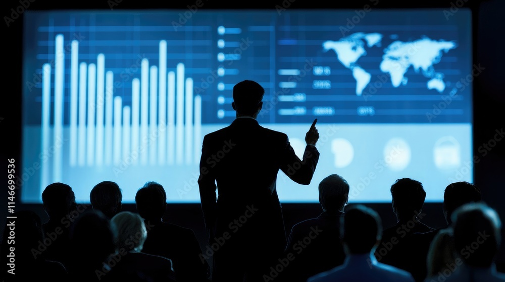 Poster executive presenting key data to engaged stakeholders on a large screen.