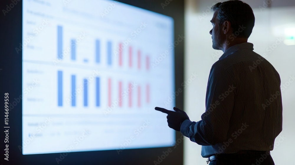 Poster executive presenting key data to engaged stakeholders on a large screen.