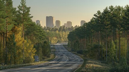 Obraz premium A serene highway lined with trees, leading to city skyscrapers in the background.