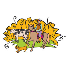 Man farmer walking with cow isometric 3d vector