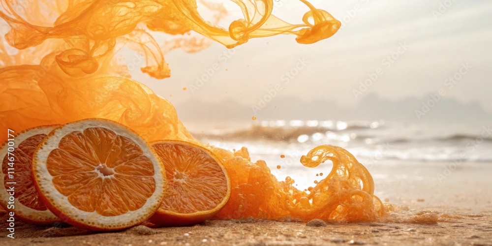 Aufkleber a wave of orange juice crashes on the shore, creating a vibrant and refreshing scene.