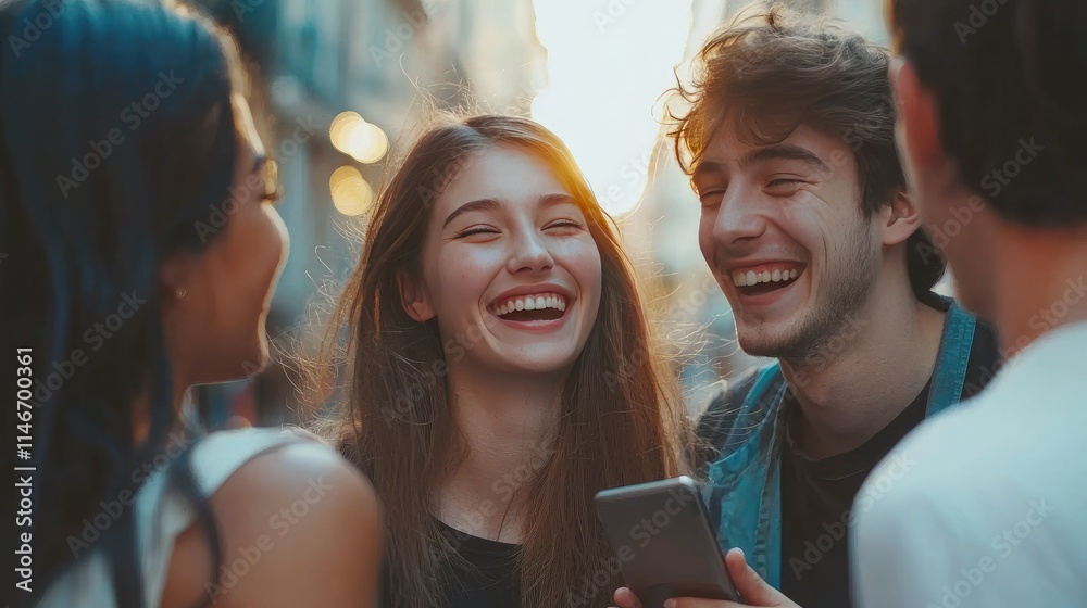 Poster Group of friends sharing stories on mobile devices, laughing together. 