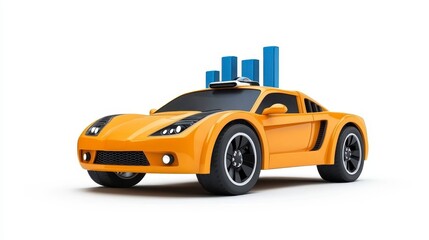 Fototapeta premium A bright yellow toy sports car with blue building-like structures on its roof, designed for imaginative play and fun.