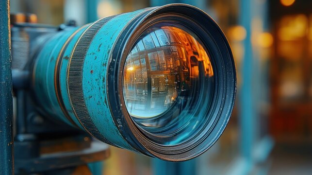 Close-up of vintage camera lens reflecting city scene.
