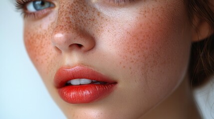 Fototapeta premium Close-up portrait of a person with freckles and soft makeup.