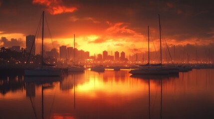 Fototapeta premium stunning sunset over marina with city skyline