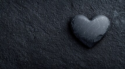 Fototapeta premium Dark heart shaped stone placed on a textured black slate background with copy space.