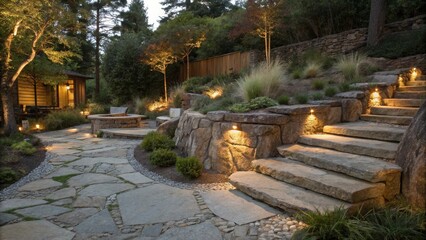 A stone pathway illuminated by warm lights leads to a stone staircase winding up a hillside, offering a scenic view of the tranquil garden.