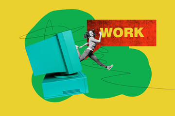 Composite trend artwork sketch image collage of work hiring business hr candidate small woman appear computer monitor walk direction aim