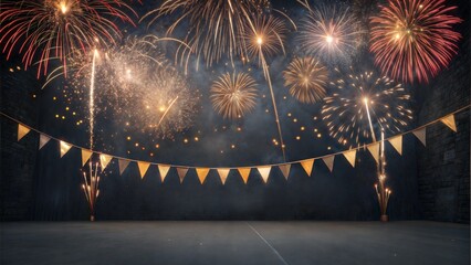 Fireworks string lights pennant flags New Year's Eve Independence Day celebration Birthday party Festival dark background