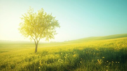 Fototapeta premium Green grass field lawn with tree and yellow sunlight against blue sky. Green Meadows Beautiful Journey Through Nature Great as a background, web banner 