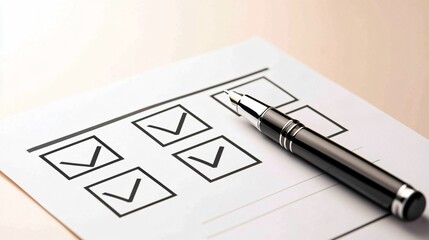 Checklist and decision making. Checklist with check marks and a pen on a desk surface.