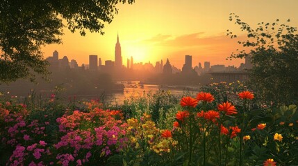 sunrise over manhattan cityscape with blooming flowers