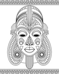 Traditional African Mask with Intricate Tribal Designs. Black History Month Coloring Page