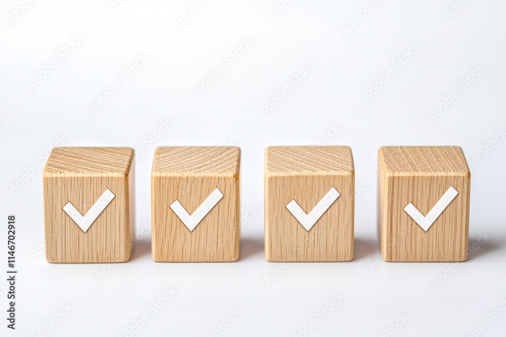 Poster checklist and decision making. wooden blocks with checkmarks arranged in a row on a white background
