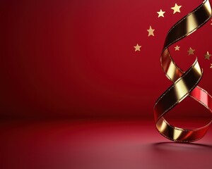 Obraz premium Elegant red background with golden ribbons and stars for festive occasions.