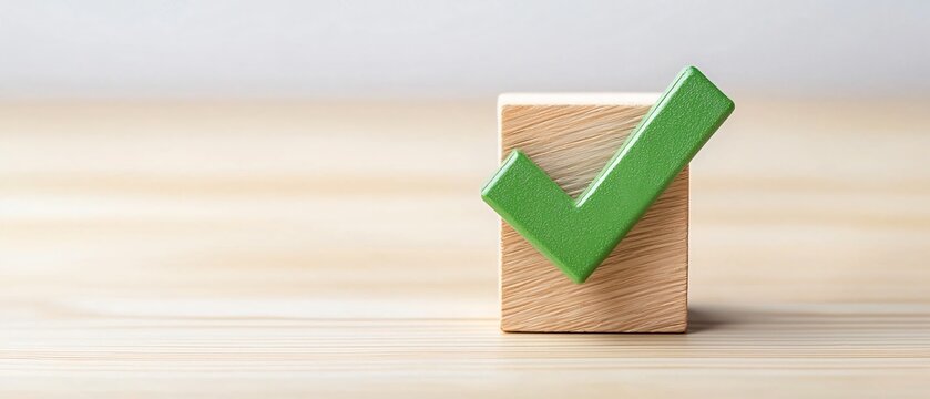 Checklist and decision making. Green checkmark on wooden block against a neutral background symbolizing affirmation and success.