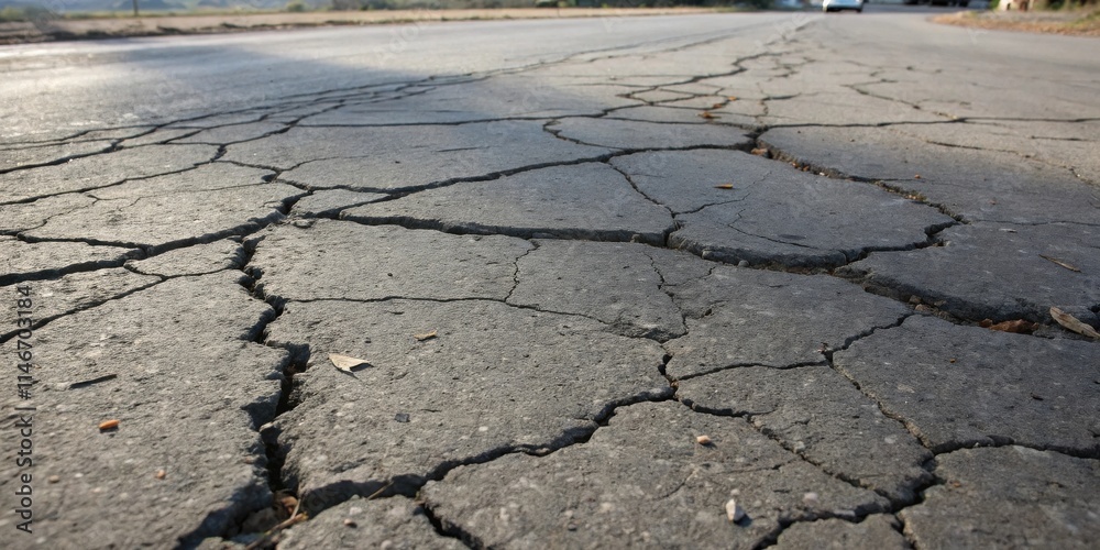 Aufkleber Cracked asphalt road surface with a shallow depth of field revealing a complex network of fissures and the subtle details of its texture