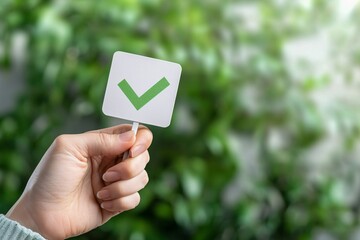 Checklist and decision making. A hand holding a card with a green check mark against a blurred green background.