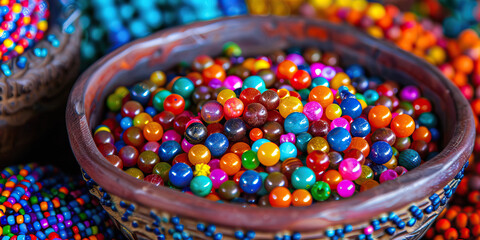 Fototapeta premium Colorful Round Beads in a Brown Bowl