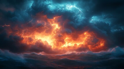 Fototapeta premium Fiery orange and blue lightning storm clouds over dark ocean waves.
